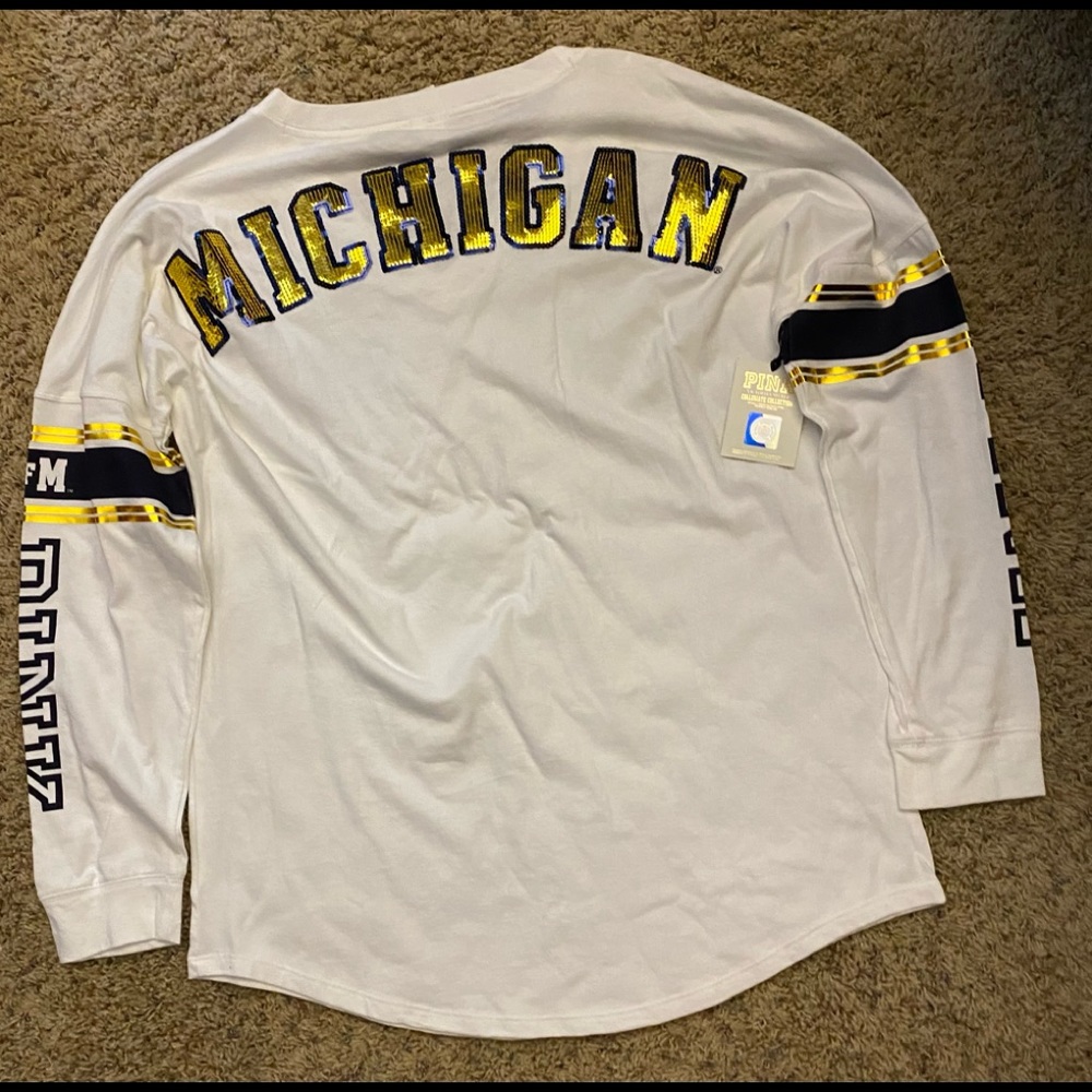 NEW Victoria Secret PINK Sequin University of Michigan Long Sleeve Shirt Large